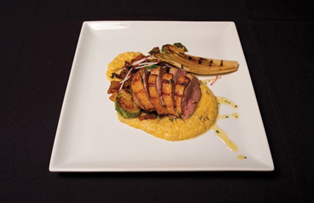 Seared duck breast with charred Belgian endive and creamy rendered foie gras polenta