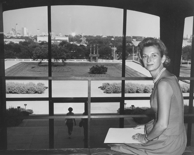 Ruth Carter Stevenson in the mezzanine of the Amon Carter Museum of American Art overlooking the front entrance of the museum, 1961,.jpg
