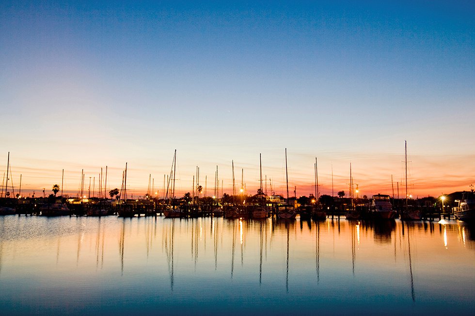 Rockport, Texas harbor at sunset