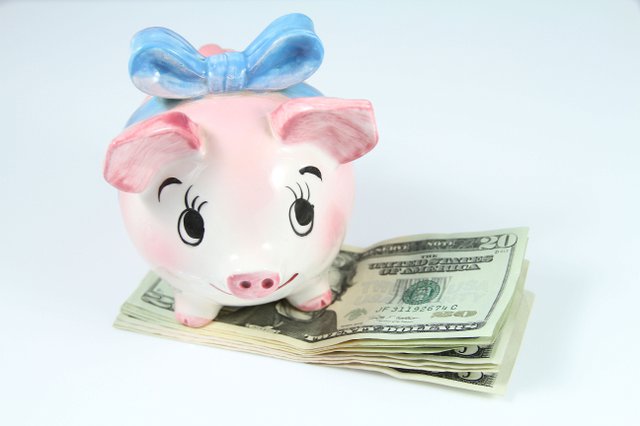 Piggy bank standing on 20 dollar bills on a white background