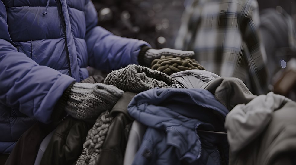 Kind person giving jackets and blankets to a homeless shelter to